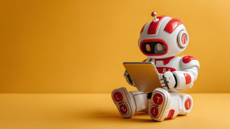 A small robot with red and white colors interacts with a tablet in a vibrant yellow space, showcasing modern technology.の素材