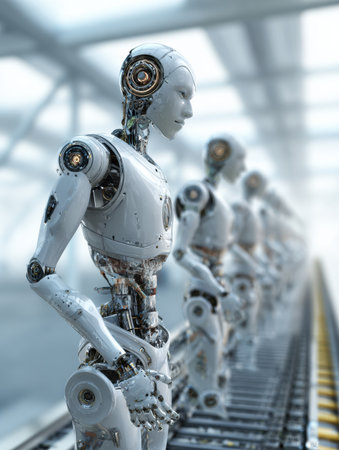 Futuristic robots stand in a factory, ready for assembly tasks, showcasing advanced technology and a streamlined production environment.の素材