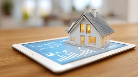 A digital model of a house sits on a tablet, surrounded by graphs and data, showing real estate analysis in a bright workspace.の素材