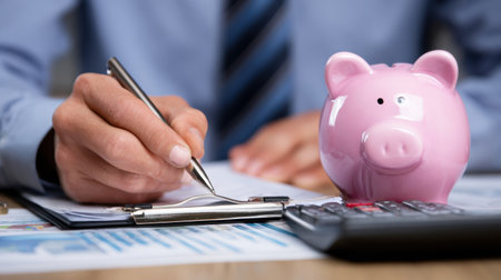 Person writing notes with a pen while a pink piggy bank and a calculator are present on the table, indicating financial management.の素材