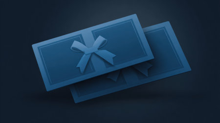 Two blue gift cards with bows placed against a dark background, ideal for celebrations, presenting a stylish offering for any gift.の素材