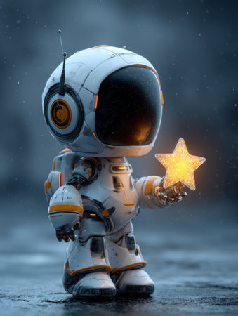 A small robot astronaut stands holding a bright star, surrounded by a dark, atmospheric setting filled with subtle details.の素材