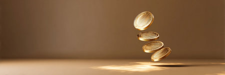 Gold coins hover above a smooth surface, casting soft shadows as they glimmer in warm light, creating an alluring visual effect.の素材