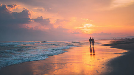A couple strolls hand in hand on the beach at sunset, with colorful skies and gentle waves at their feet.の素材