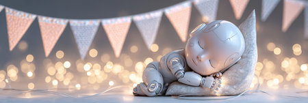 A small robotic child sleeps peacefully on a cushion, surrounded by soft lights and colorful bunting, evoking a serene atmosphere.の素材