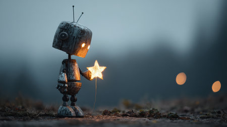 A small robot stands quietly, holding a bright star, surrounded by soft, ambient light in a calm, misty atmosphere.の素材