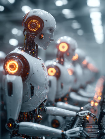 Advanced robots with glowing features are operating machinery in a high-tech factory setting during a busy work shift.の素材