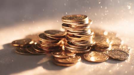 A close-up view of multiple gold coins piled on a surface, glimmering in soft light, conveying a sense of wealth and abundance.の素材