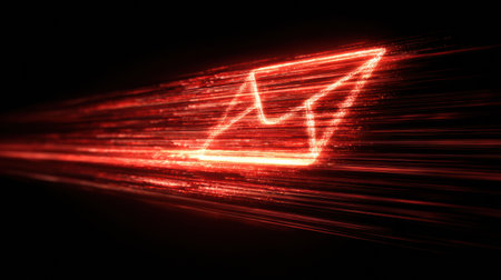 A striking red envelope icon emits light trails, symbolizing fast and urgent digital communication in a modern setting.の素材