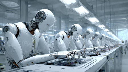 Several robots are focused on tasks at a clean, high-tech assembly line in a contemporary factory, showing advanced technology.の素材