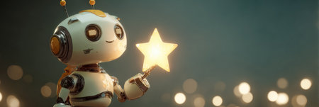 A cheerful robot stands holding a shining star wand against a softly illuminated backdrop filled with sparkling lights.の素材