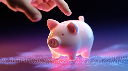 A hand gently reaches toward a glowing piggy bank, creating a vivid and engaging scene in a dark setting filled with colors.の素材