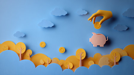 A hand drops a coin into a pink piggy bank against a vibrant blue sky and colorful trees, symbolizing saving and financial planning.の素材
