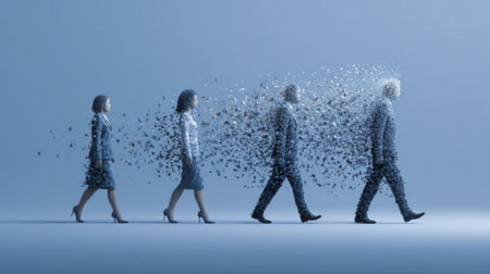 Abstract figures walk in formation, visually transitioning from solid forms to fragmented shapes, suggesting change and evolution.の素材