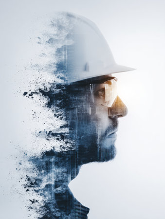 Silhouette of a construction worker blends with an urban skyline during dawn, reflecting innovation and strength in the building sector.の素材