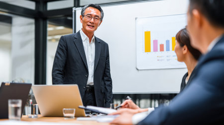 A professional man stands confidently at the front of a meeting, engaging with listeners in a modern office with presentation materials.の素材