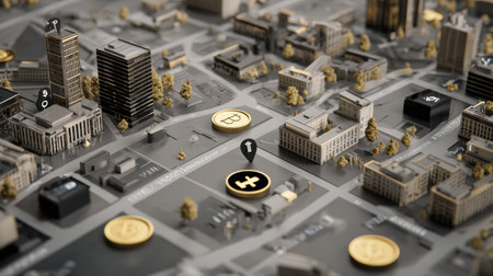A vibrant 3D map of a city highlighted with cryptocurrency icons and distinct buildings, showing modern urban life.の素材