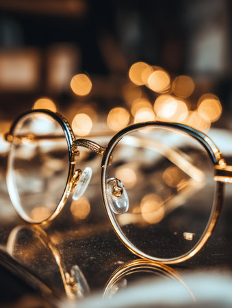 Round glasses lie on a smooth surface, reflecting warm light from a softly blurred background, creating an inviting atmosphere.の素材