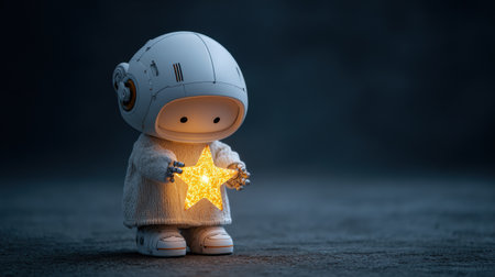 A cute astronaut figure in a fuzzy outfit embraces a shining star, creating a whimsical scene in a dimly lit environment.の素材