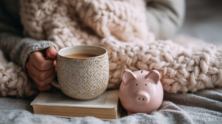 Warm drink and book create a cozy atmosphere with a piggy bank nearby, perfect for a relaxed morning at home.の素材