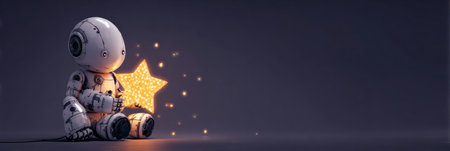 A small robot sits peacefully while holding a shining star, creating a magical atmosphere in a dimly lit space.の素材