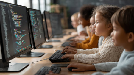 Children are engaged in a coding workshop, intently working on computers with coding displayed on screens in a bright classroom.の素材