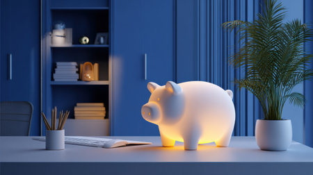 A stylish workspace with a glowing pig lamp, plants, a keyboard, and organized shelves creating a calming atmosphere.の素材