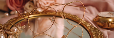 Gold-framed glasses rest on a mirror adorned with roses and jewelry in a lovely pink environment, creating a delicate still life.の素材