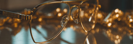 Gold glasses sit on a shiny surface with glimmering decor, capturing a feeling of style and sophistication in a cozy ambiance.の素材