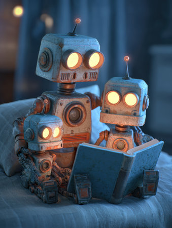 Three robot characters nestled together, enjoying story time under soft lighting in a warm, inviting room during the evening hours.の素材