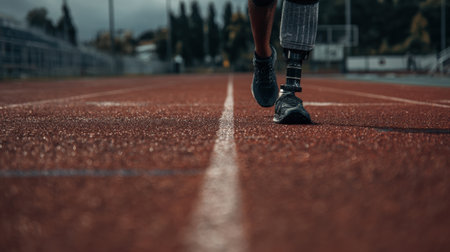 Athlete training on a running track with a prosthetic leg, demonstrating strength and focus under a cloudy sky during an active session.の素材