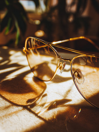 Gold sunglasses are placed on a table, casting delicate shadows in warm indoor light alongside plants and a serene atmosphere.の素材