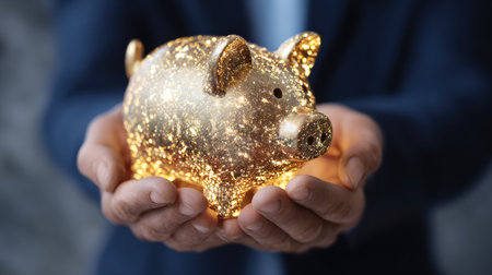 Hands gently cradle a shimmering golden piggy bank, showcasing its magical sparkle against a softly blurred backdrop.の素材