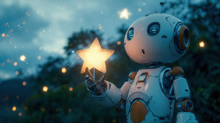 A charming robot holds a glowing star against a tranquil backdrop at dusk, surrounded by a dreamy bokeh effect.の素材