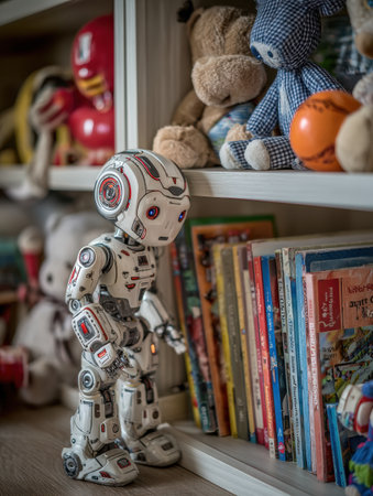 A small robot explores a shelf filled with colorful books and various plush toys in a bright, inviting room.の素材