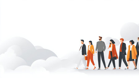 A collection of diverse people strolls along a cloudy path, showing confidence and professionalism in their attire and demeanor.の素材