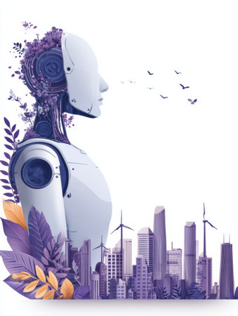 A robot figure stands in profile against a vibrant city skyline, merging technology with nature and renewable energy elements.の素材