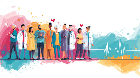 A vibrant illustration depicts healthcare professionals standing together, highlighting teamwork and dedication in a lively scene of unity.の素材