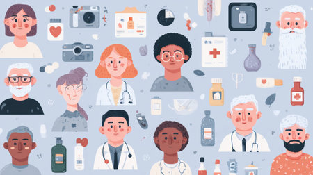 Doctors and patients interact in a colorful scene filled with medical supplies and health elements.の素材