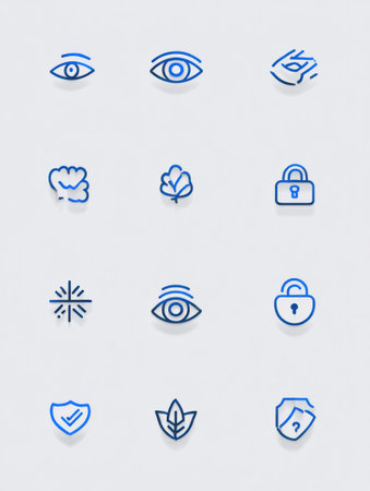Set of simple twelve line icons illustrating themes of eyesight, security, and natural elements for various uses.の素材
