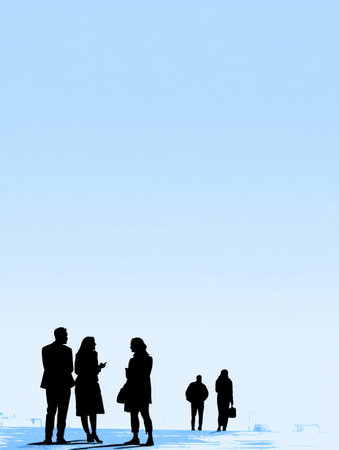 People gather in groups, engaged in conversation, enjoying a sunny day outdoors under a bright blue sky.の素材