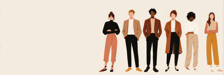 A group of six individuals display a range of fashionable attire, standing against a soft neutral background.の素材