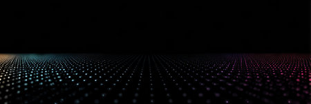 Colorful dots spread across the surface, forming a digital landscape in a dark environment, showing depth and vibrancy.の素材