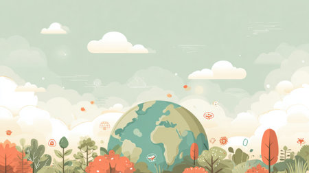 This artwork showcases a vibrant Earth within a lush landscape filled with trees, clouds, and vivid colors, creating a peaceful atmosphere.の素材