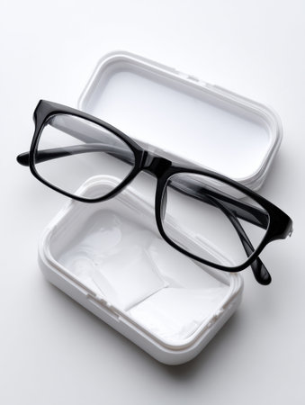 Black eyeglasses are placed on a white case, highlighting simplicity and modern style in a minimalistic setting.の素材