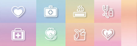 Health icons on pastel backgrounds feature first aid kits, stethoscopes, and symbols of care.の素材