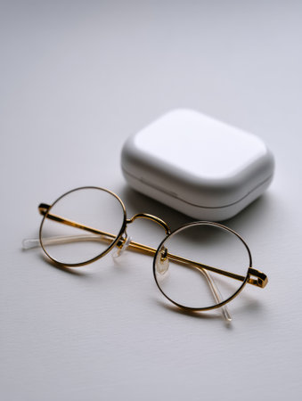 Round glasses in a gold frame are set beside a compact white case, creating a modern and minimalistic look on a light background.の素材
