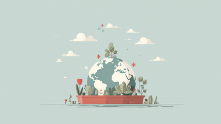 A vibrant design features a globe nestled among various plants and flowers, symbolizing natures beauty and environmental care.の素材