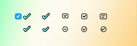 Different styles of checkmarks are arranged on a gradient backdrop, highlighting their visual appeal and design diversity.の素材