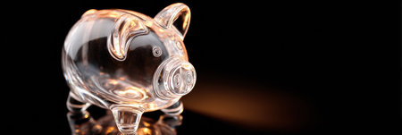 A clear glass piggy bank rests on a shiny surface, illuminated by warm light that enhances its shape and texture.の素材